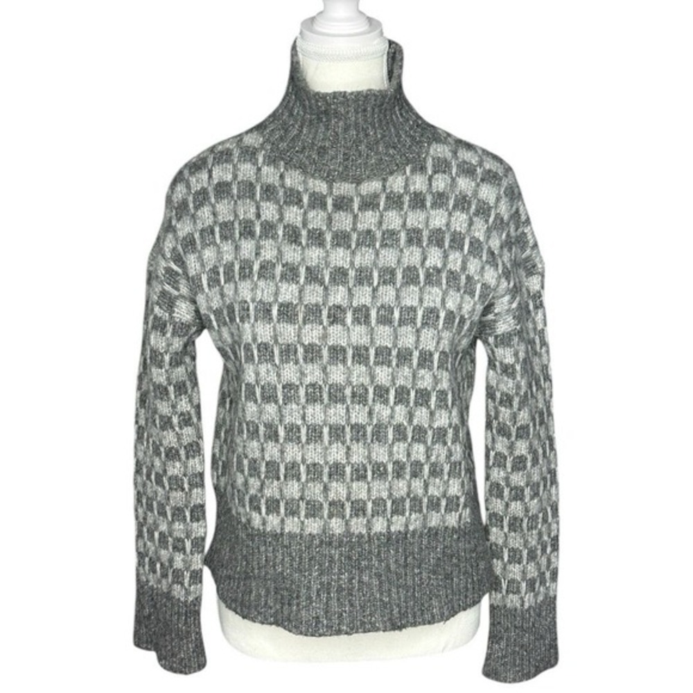 Everlane‎ Grey Checkered Mock Neck Merino Wool Alpaca Blend Sweater Womens XS - Picture 1 of 14